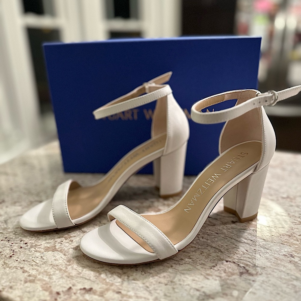 Stuart Weitzman White Block Heel Ankle Strap Sandals